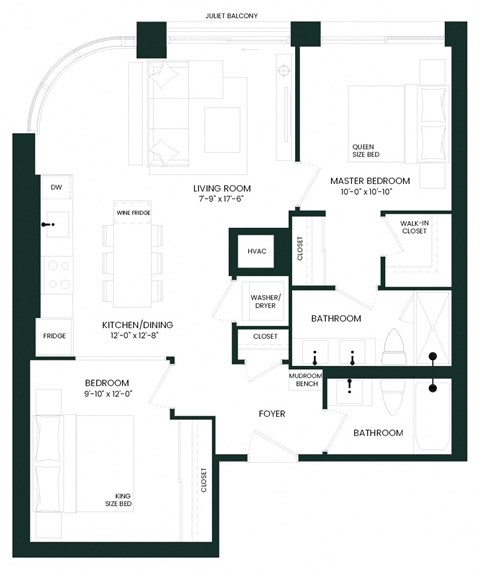 Floor plan for 2 beds, 2 baths, 883 sqft